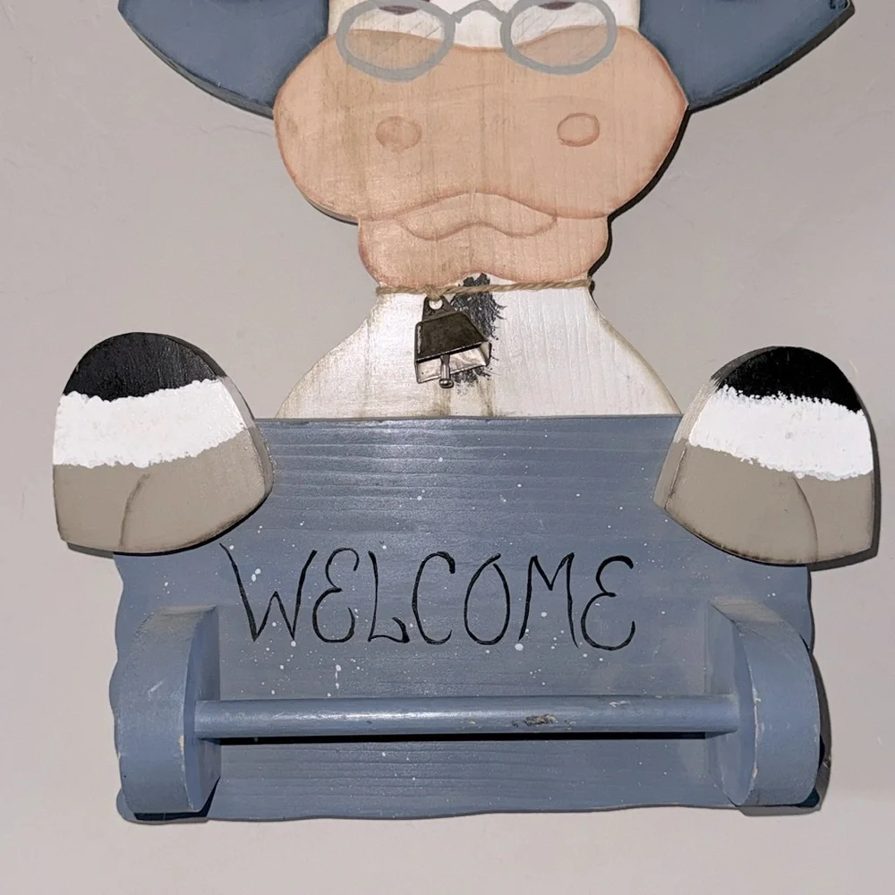 Vintage Cottage Cow Welcome Sign Towel Rack Handcrafted Tole Painting Art